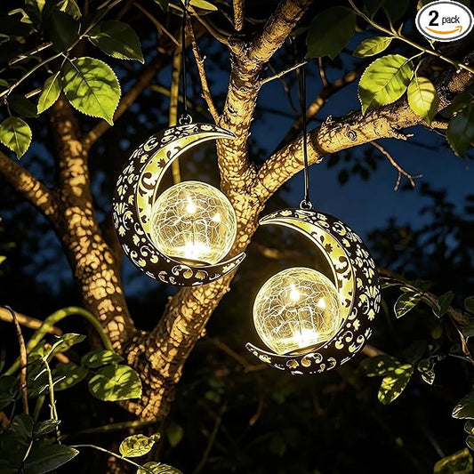 Solar Moon Lanterns Outdoor Waterproof Decor, 2Pack Hanging Decorative Garden Lights, Outside Furniture Accessories Wall Tree Patio LED Ornaments , Mother's Day Fairy Gifts for Women Mom