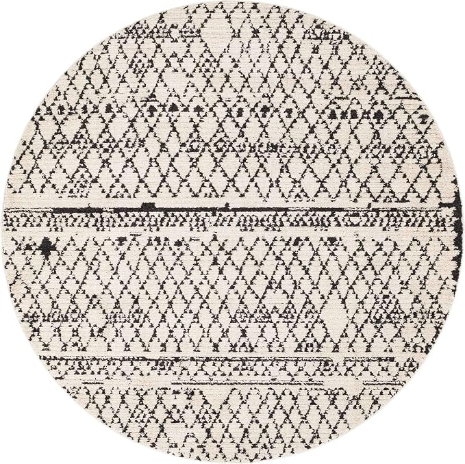 Unique Loom Morocco Collection Abstract Border, Diamond, Bohemian Area Rug (7' 0 x 7' 0 Round, Ivory/Black)