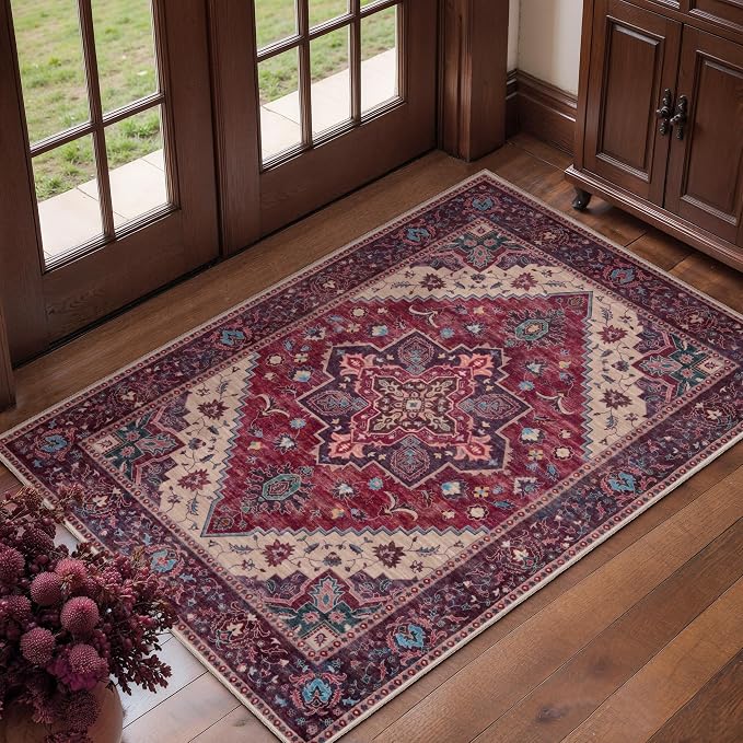 Tangsoo Oriental Small Area Rugs for Entryway, Non Slip 2x3 Washable Rug | Tangsoo Vintage Indoor Front Door Rug Mat, Soft Low Pile Print Small Carpet Throw Rugs for Entry Entrance Kitchen Burgundy