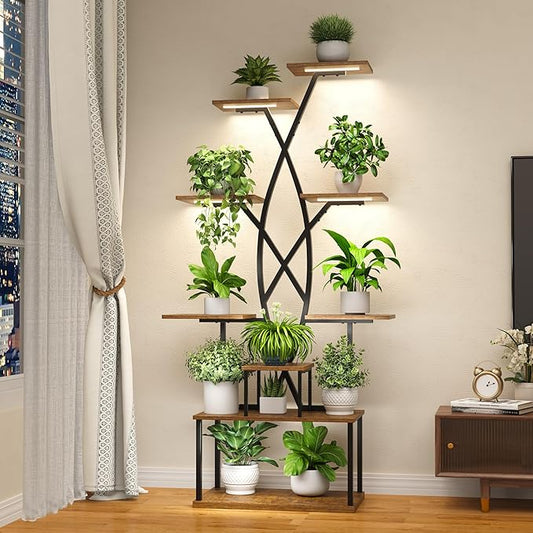 Plant Stand Indoor with Grow Lights - 9 Tiered 66" Tall Metal Plant Shelf, Curved Plant Stand with Adjustable Feets for Multiple Plants, Corner Flower Shelf for Living Room, Patio