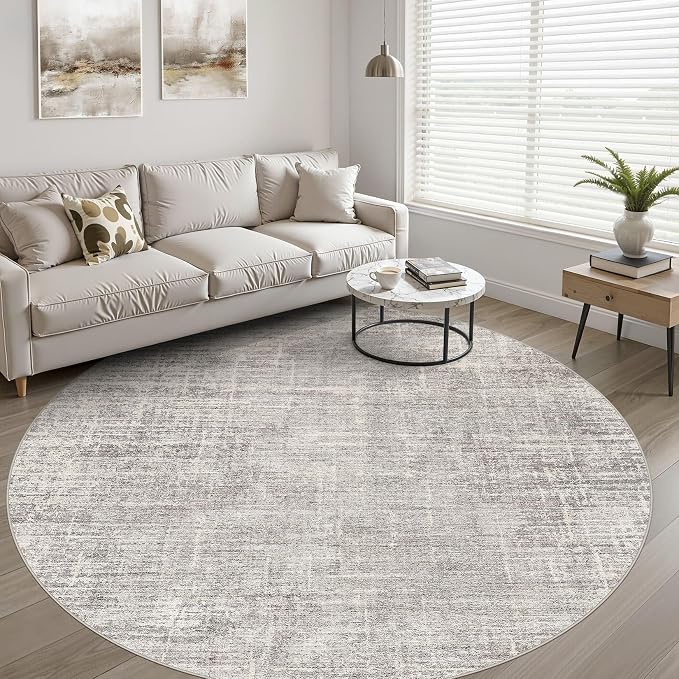 LOONGRUG Round Rug 10x10 Washable Neutral Modern Living Room Rug Brown Gray | Circle Large Abstract Soft Stain Resistant Indoor Non-Slip Carpet for Bedroom Nursery Kids Office Playroom Dining Room