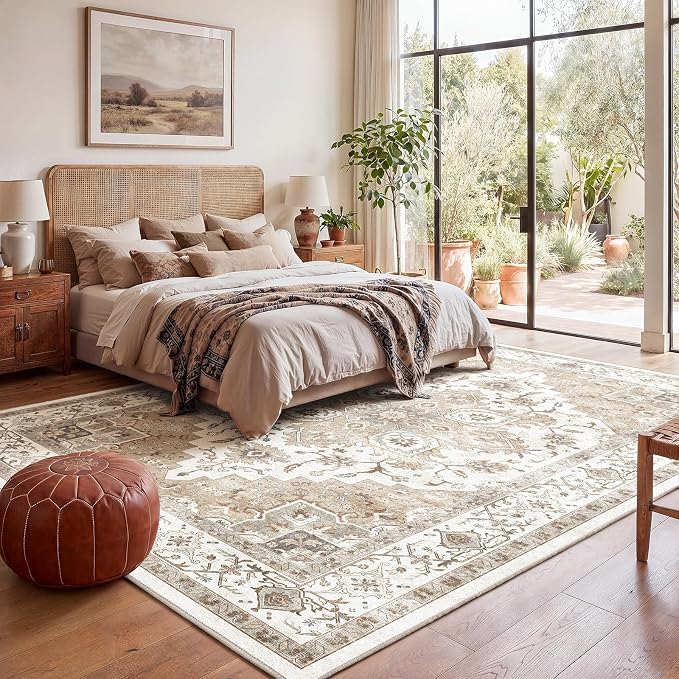 Amada 8x10 Area Rugs, Low-Profile Large Washable Area Rug with Non-Slip Backing & Durable Edge Binding, Vintage Rugs for Living Room, Bedroom, Dinning Room