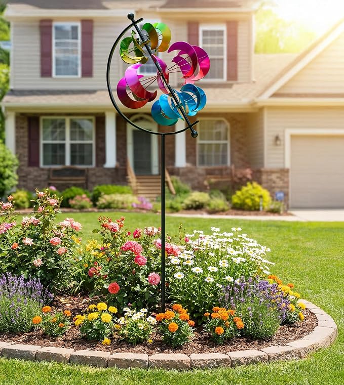 Large Kinetic Solar Wind Spinner Outdoor Metal 3D Yard Art with Stake | Multi-color wind sculpture creates a dynamic display, perfect for garden, patio, lawn and backyard outdoor decoration