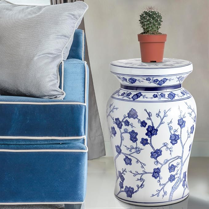 JONATHAN Y Cherry Blossom 18" Ceramic Chinoiserie Garden Stool, Traditional Floral Accent Side Table and Plant Stand for Indoor/Outdoor Garden, Patio, Living Room, Blue/White TBL1016A