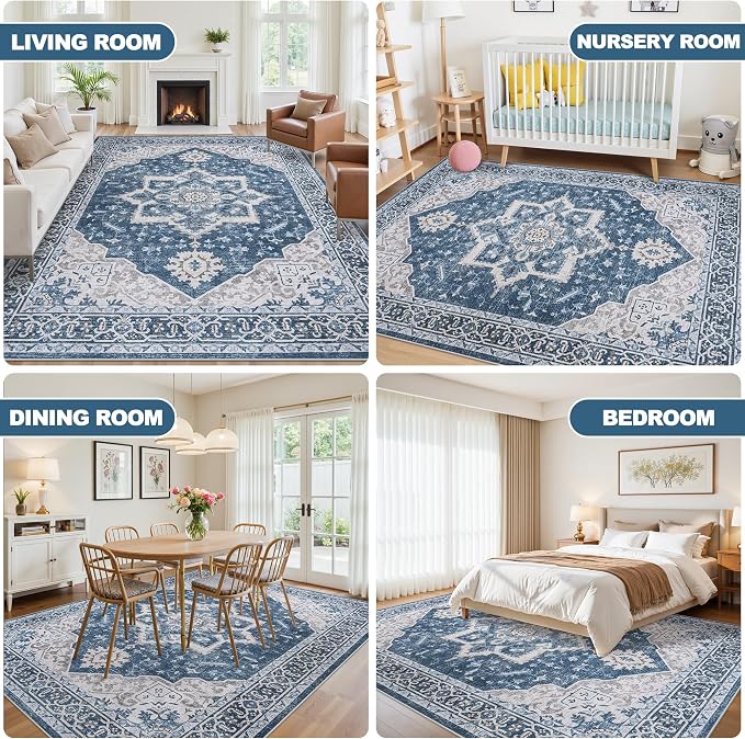 5x7 Washable Area Rugs for Bedroom Blue Non-Slip Rug | Vintage Medallion Rug，Soft Low Pile Large Rugs，Indoor Retro Carpet for Bedroom Nursery Dining Table Farmhouse Home Office