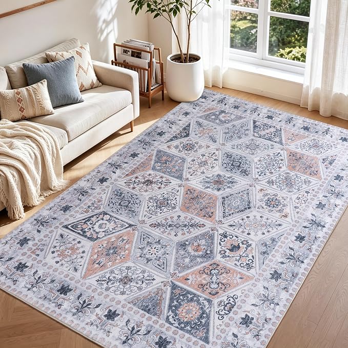 Moroccan Boho Floral Geometric Patchwork Washable 9x12 Large Rug | Vintage Distressed Non Slip Throw Carpet for Bedroom Livingroom Kitchen Hallway Entryway Office Dining Room Docer Light Grey