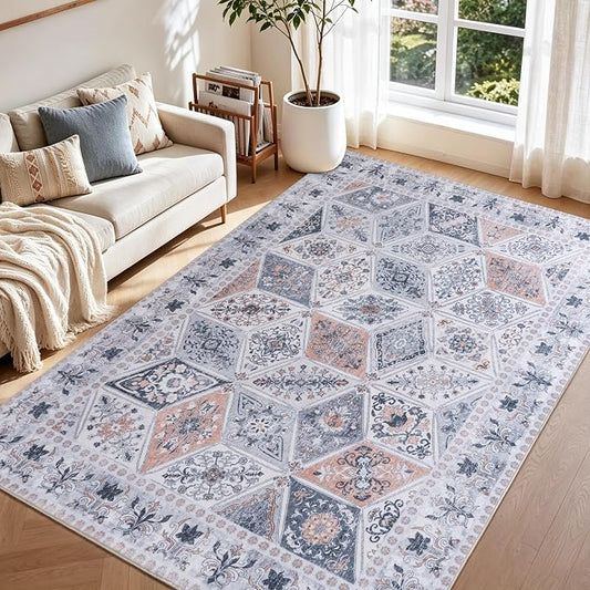 Moroccan Boho Floral Geometric Patchwork Washable 9x12 Large Rug | Vintage Distressed Non Slip Throw Carpet for Bedroom Livingroom Kitchen Hallway Entryway Office Dining Room Docer Light Grey