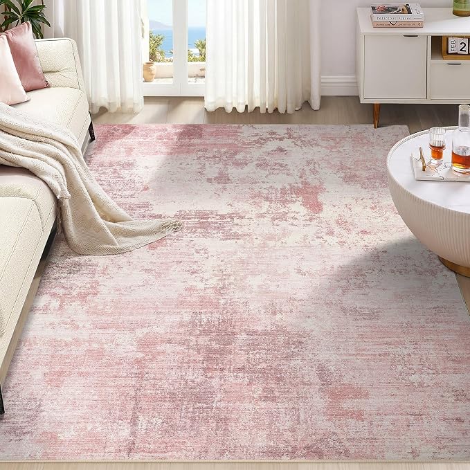 UERMEI 9x12 Area Rug Living Room Rugs - Washable Neutral Modern Abstract Soft Thin Large Rug Indoor Floor No Slip Rug Carpet for Bedroom Under Dining Table Home Office Decor - Pink