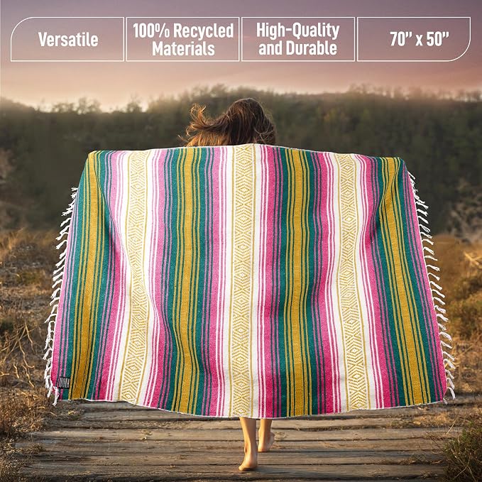 Hydration Nation Authentic Large Handwoven Mexican Striped Throw Blanket - Soft, Durable, Eco-Friendly - 70"x50" - Sunshine