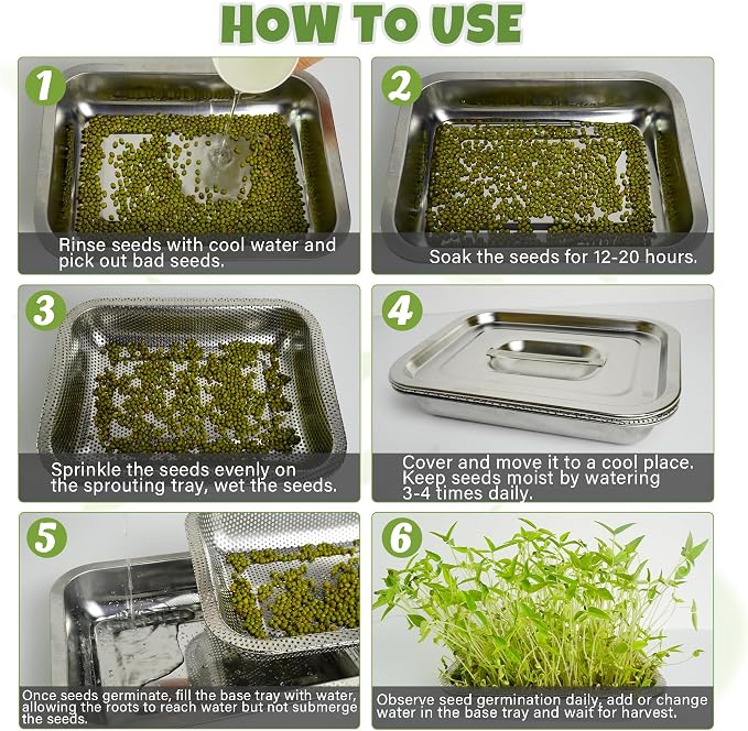 2 Pack Stainless Steel Seed Sprouter Trays, 2-Tier Soil-Free Microgreens Growing Kit, Sprouting Tray with Cover Lids & Mesh Pads for Sprouts Beans Alfalfa Wheatgrass (10.6" * 7.9" * 1.9")