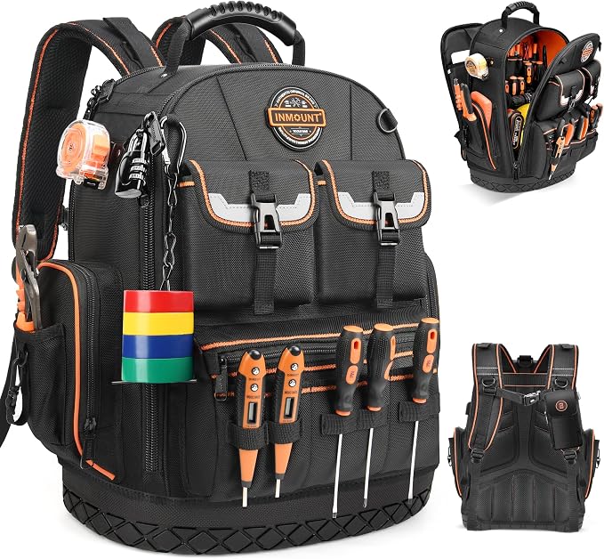 LOKASS Tool Backpack Heavy Duty with Molded Bottom, 1680D 56-Pocket Tool Bag Organizer with Laptop Compartment & Combination Lock, Durable Water-Resistant Electrician & HVAC Tool Backpack - Black