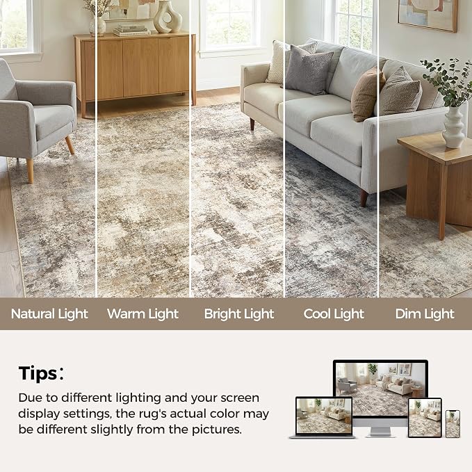 12x15 Area Rug Washable Abstract Rugs for Living Room Dark Brown | for Bedroom, Dining Room, Office, Nursery, Soft Neutral, Low Pile Non-Slip, Kid Pet Friendly, Large Indoor Carpet, Home Decor