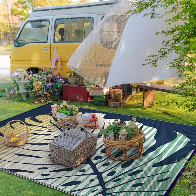 GENIMO Outdoor Rug 6' x 9' Waterproof for Patio Clearance, Reversible Plastic Straw Camping Mat, Lightweight Carpet for Rv, Camper, Deck, Porch, Picnic, Balcony, Beach,Yellow & Blue Blend