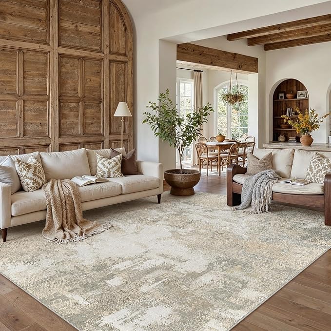 9x12 Beige Grey Modern Abstract Washable Area Rug for Living Room | Low Pile, Non Slip, Modern Abstract Style, Soft Large Area Rug for Living Room, Bedroom, Dining Room, Office, Home Decor