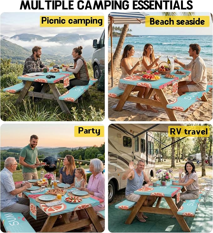 Picnic Table Cover with Bench Covers Table Cloth Tablecover Camping Essentials Camp Tools Camper Ideas Outdoor Summer Beach Accessories Must Haves Motorhome Trailer Road Trip Tent Rv Travel Supplies