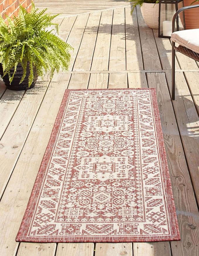Unique Loom Outdoor Aztec Collection Area Rug - Chalca (2' 7" x 12' Runner, Rust Red/ Ivory)
