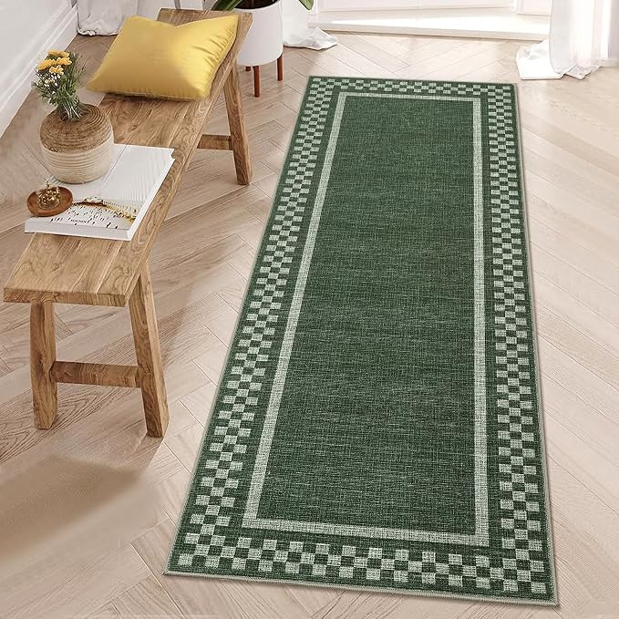 GarveeHome Kitchen Runner Rug Washable Runner Rug 2x6 for Hallway Bedroom | Non Slip Soft Throw Carpet Modern Bordered Bathroom Mat Low Pile Checkered Runner Rugs for Living Room Entry, Green