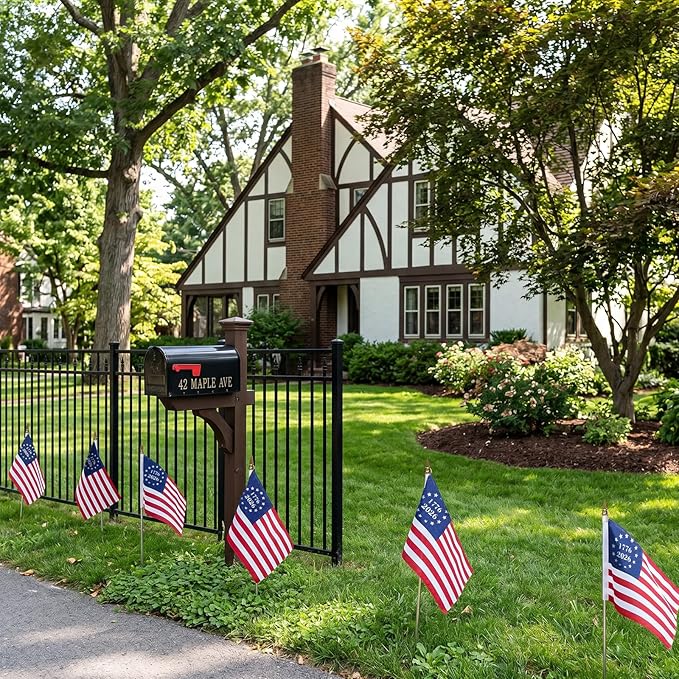 12x18 inch Small 1776-2026 American Flag on Stick 6 Pcs for 250th Anniversary, Mini Hand Held US USA Betsy Ross Flags with Retractable Stainless Steel Pole for Outside Yard 4th of July Decorations