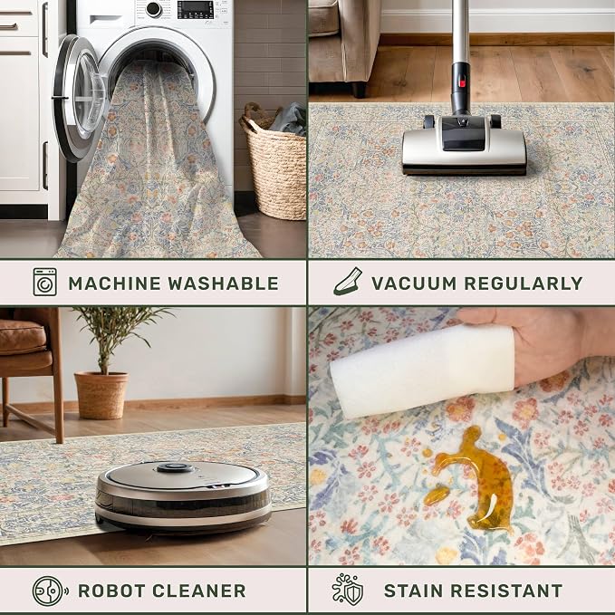 Beige Blue Washable 2x8 Runner Rug for Bathroom, Hallway, Kitchen, Non-Slip & Stain Resistant 8ft Long Entryway Floor Rug, Retro Boho Floral Décor