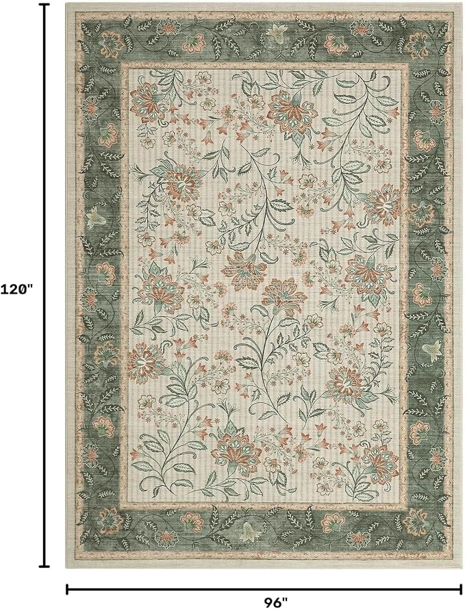 GarveeHome 8x10 Sage Green Washable Area Rug Living Room Bedroom Non Slip | Botanical Floral Print Rug Soft Floor Mat Carpet Indoor Thin Cottage core Rug for Dining Room Playroom Nursery Room