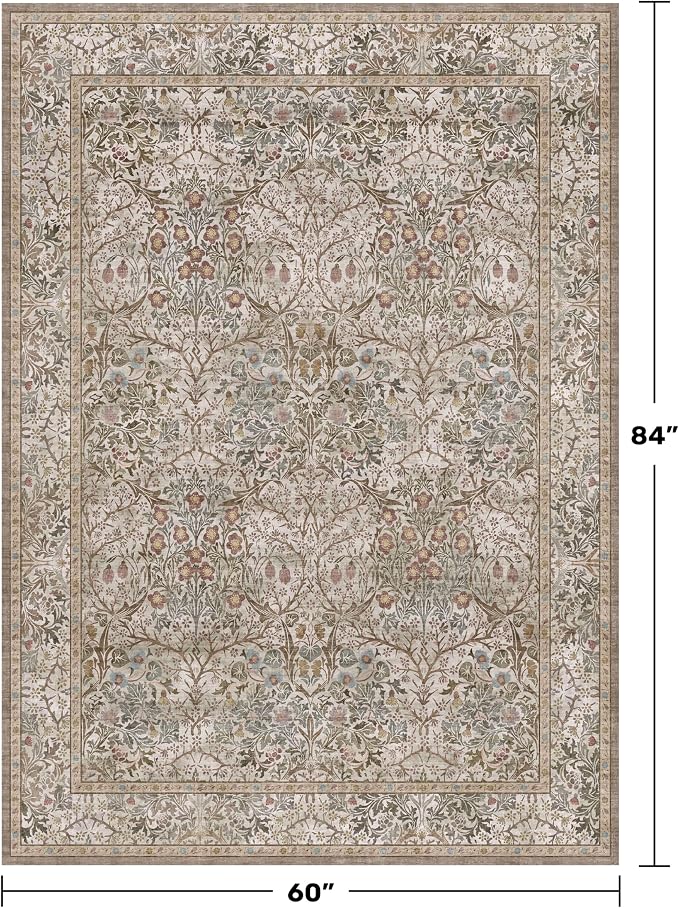 5x7 Washable Moss Green Oriental Area Rug for Living Room - Dining Room Rugs for Under Table, Home Office, Low Pile Non-Slip Floor Carpet for Bedroom - Vintage Brown Design & Stain Resistance Carpet
