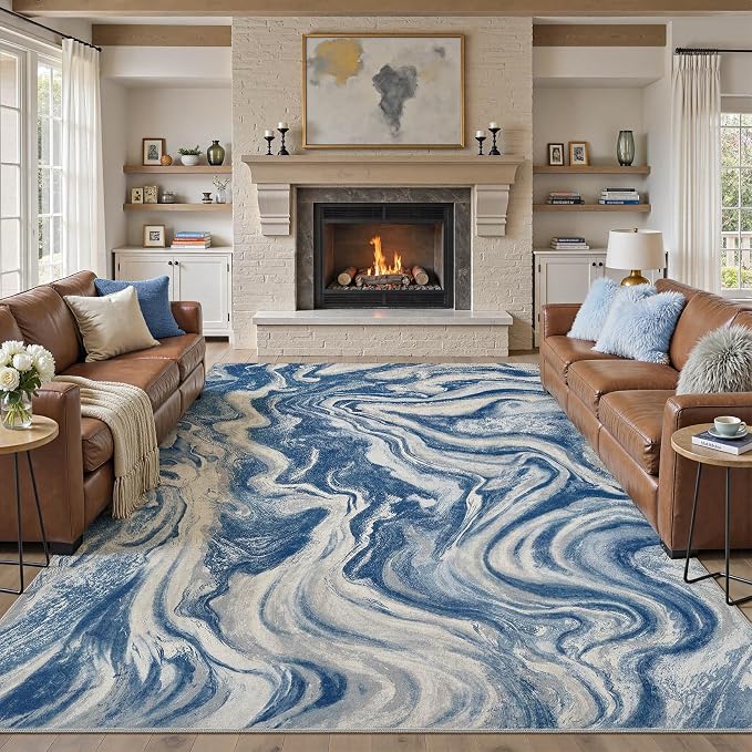 DMOYEST 9x12 Area Rug for Living Room Washable Abstract Indoor Carpet | Neutral Modern Low Pile Rugs Kid & Pet Friendly Large Soft Thin Carpet for Bedroom Dining Room and Office - Navy Blue
