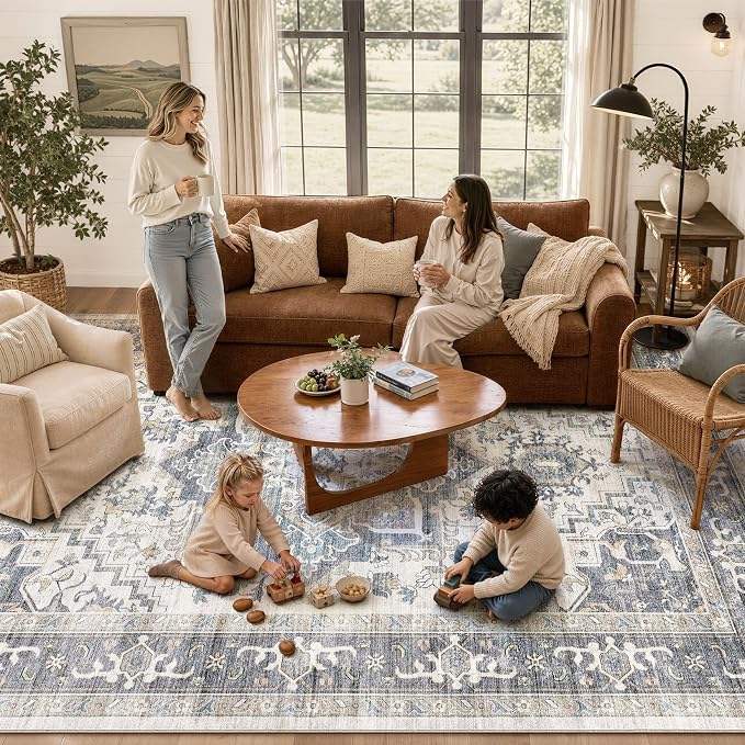 DTICON Vintage Washable 9x12 Area Rug Living Room Rugs, Light Blue | Boho Distressed, Pet & Kid Friendly, Non-Slip Backing, Soft Polyester, Low-pile Carpet for Living Room, Bedroom, Dining Room