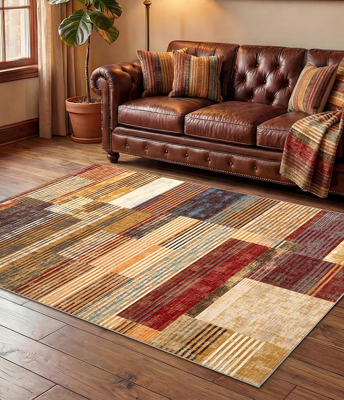 Brown Area Rug 3x5, Farmhouse Rugs Washable,Vintage Burgundy Carpets for Bedroom,Burnt Orange Area Rug Non Slip,Geometric Boho Rug for Kitchen,Dining Room