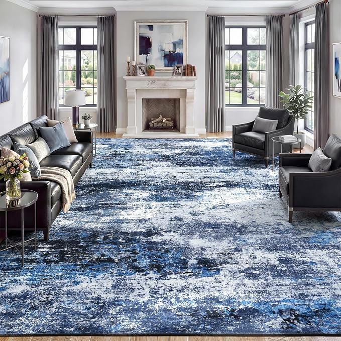 8x10 Area Rug for Living Room, Abstract Washable Large Rugs, Blue Gray | Soft Neutral Carpet for Bedroom, Dining Room, Home Office Nursery Indoor, Stain Resistant, Non-Slip, Low Pile Modern Rug