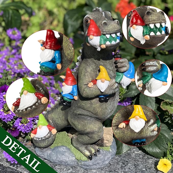 Malister 14 Inch Dinosaur Gnomes Garden Statues for Fall Winter Garden Decor, Gnomes Statues Outdoor Decor, Outdoor Statues for Patio, Lawn, Yard Decorations Outdoor, Dino Housewarming Garden Gifts