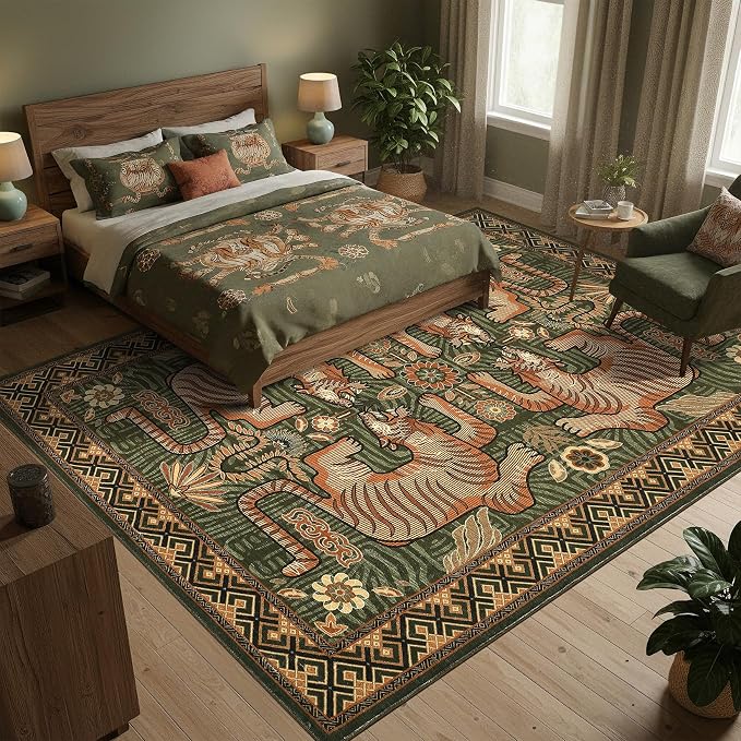 GarveeHome Large Tiger 9x12 Area Rugs Boho Washable Vintage Living Room Rug | Non Slip Green Rugs for Bedroom, Tribal Soft Animal Print Throw Rug Ultra Thin Stain Resistant Floor Carpet for Office