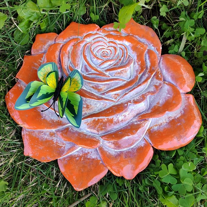 Garden Stepping Stones Outdoor Walkway – Resin Rose Flower Pavers for Path, Lawn & Backyard – Courtyard Entrance Decorative Small Statue with Artificial Flowers – Set of 2, Brown