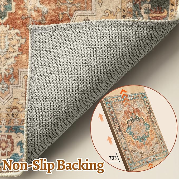 Tangsoo 2.6x8 Washable Runner Rug for Hallways, Oriental Non Slip Runners | Vintage Soft Low Pile Long Runner, Oriental Carpet Hallway Runners for Kitchen Bedroom Entryway Bathroom Orange Home Decor