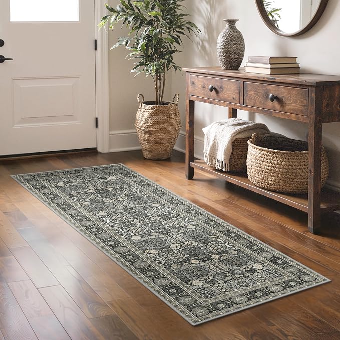 2.5x8 Kitchen Runner Rug, Washable Non Slip, Black | Vintage Floral Design, Spill Resistant Lightweight Low Pile Carpet for Hallway, Bedroom, Laundry Room, Bathroom