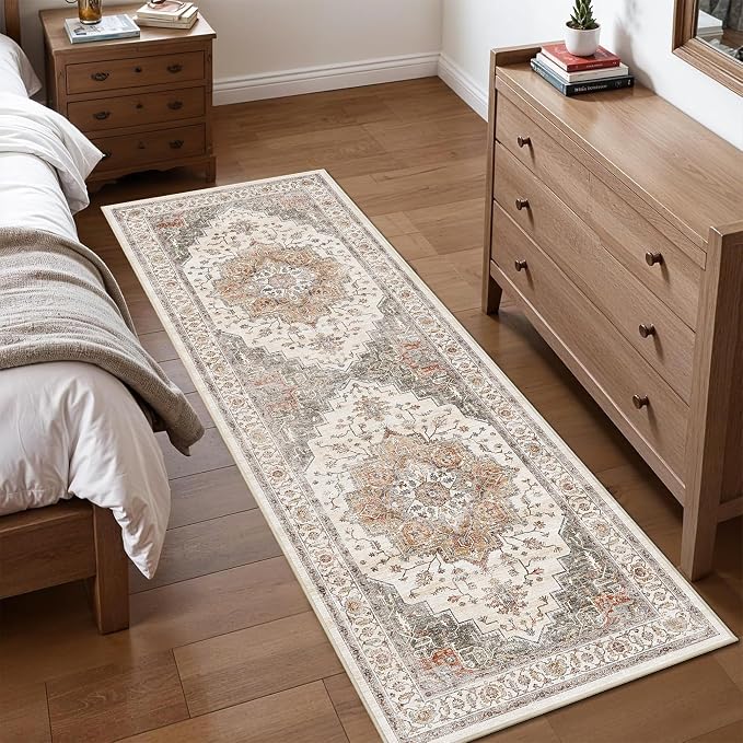 2x6 Vintage Runner Rug Low Pile Non-Slip Runners Washable Rug | Retro Print Rug, Non-Shedding, Soft Orange Gray Carpet, Stain Resistant Runner, for Hallway Kitchen Bedroom Laundry Room