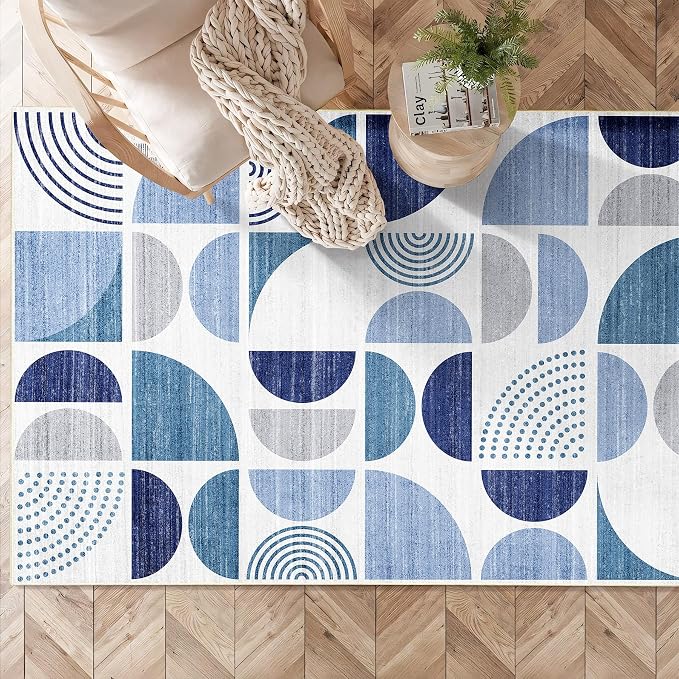 3x5 Rug Washable,Blue Boho Area Rugs Small Non Slip Modern Abstract | Machine Washable Throw Carpet for Bedroom Entryway Living Room Bedside Soft Low Pile Floor Indoor Bohemian Navy Blue