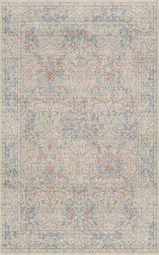 Washable Beige Blue 5x8 Area Rug for Large Entryway, Living Room, Kids Room, Boy Nursery Room, Bedroom Rug - Vintage Oriental Low Pile Non Slip & Stain Resistance (5x8 Beige Blue)