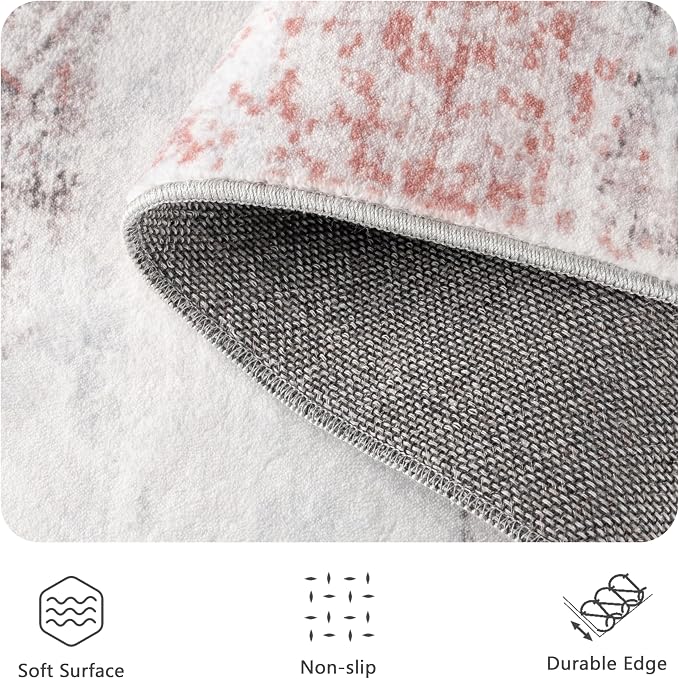 5x7 Rugs for Living Room - Modern Abstract Washable Rug, Ultra Soft Non Slip Low Pile Large Rugs, Floor Carpet for Bedroom Dining Room Office Laundry Nursery Home（Pink & Grey）