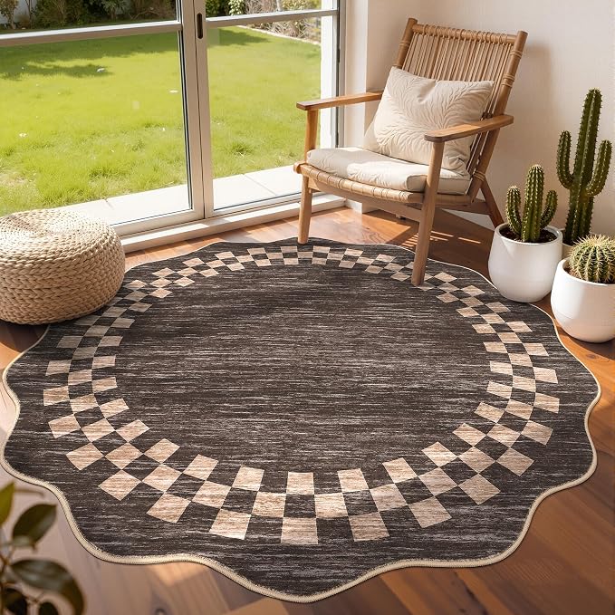 GarveeHome Washable Scalloped Round Rug 4ft Modern Solid Color Circle Rugs | Non Slip Low Pile Living Room Throw Carpat Bedroom Scalloped Round Area Rug Stain Resistant Bordered Rug for Kitchen, Brown
