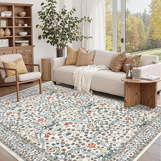 GarveeHome 6x9 Washable Area Rug for Living Room, Floral Dining Room Rugs for Under Table, Low Pile Non-Slip Stain Resistance Floor Carpet for Bedroom, Beige