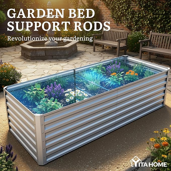 YITAHOME 6x3x2 ft Galvanized Raised Garden Bed Kit, Large Metal Planter Box with Gloves & Support Rod, Outdoor Flower Bed for Plants Vegetables, Silver Gray