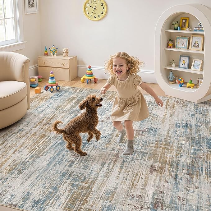 UERMEI 8x10 Area Rug for Living Room Washable Abstract Blue Brown Carpet | Low Pile Non-Slip Soft Neutral Modern Kid Pet Friendly Large Rugs For Bedroom Dining Room Nursery Office Indoor Decor