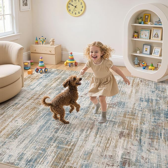 UERMEI 5x7 Area Rug for Living Room Washable Abstract Blue Brown Carpet | Low Pile Non-Slip Soft Neutral Modern Kid Pet Friendly Large Rugs For Bedroom Dining Room Nursery Office Indoor Decor