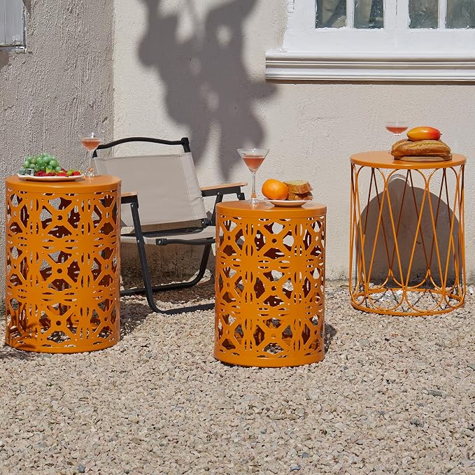 Y&M Outdoor Side Tables Set of 3, Round Metal Stacking Patio Side Tables, Indoor & Outdoor End Tables, Decorative Garden Stool Plant Stand for Patio, Garden, Balcony, Porch, Orange