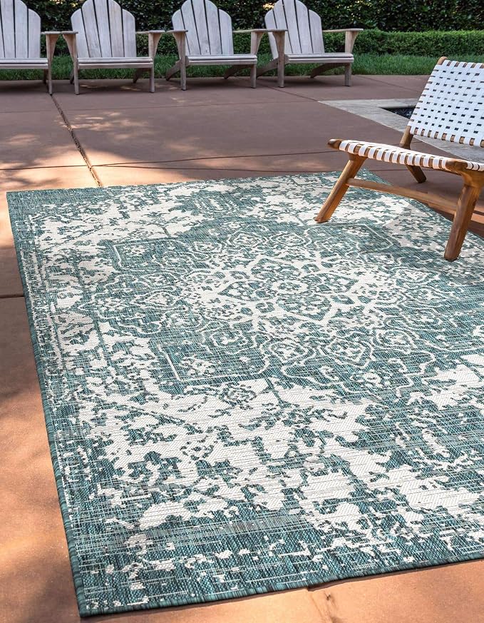 Unique Loom Jill Zarin Outdoor Collection Area Rug - Dubai (7' 10" x 10' Rectangle, Teal/ Ivory)