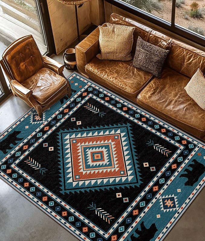 Native Amrican Rug 5x8 - Southwestern Bear Cabin Area Rugs for Living Room Bedroom, Rustic Lodge Machine Washable | Non-Slip | Soft Large Carpets, Southwest Room Decor (Teal Orange Black)