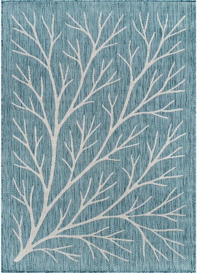 Washable Indoor Outdoor Rug 8x10 Modern Area Rugs Branch Pattern Non Shedding Waterproof Easy Clean Patio Deck Porch Living Room Bedroom Garden RV (8 X 10 Aqua)