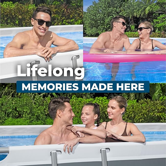 Bestway Power Steel 18' x 9' x 48" Above Ground Pool Set with Pump | Durable Rectangular Metal Frame Outdoor Backyard Pool - Ladder, Cover, and Type III Filter Cartridge Included, Gray