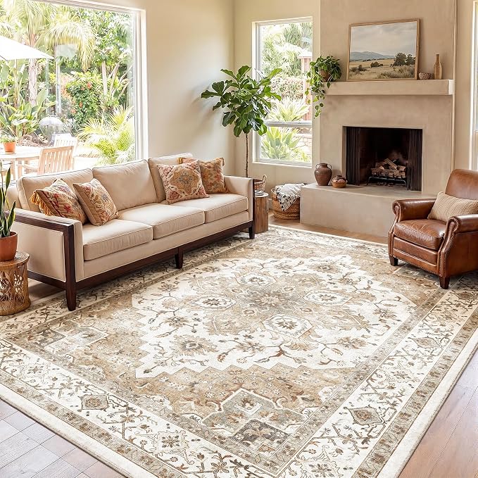 Amada 8x10 Area Rugs, Low-Profile Large Washable Area Rug with Non-Slip Backing & Durable Edge Binding, Vintage Rugs for Living Room, Bedroom, Dinning Room