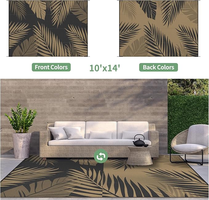 GENIMO Outdoor Rug 10' x 14' Waterproof for Patios Clearance, Reversible Outdoor Plastic Straw Camping Rug Carpet, Large Area Rugs Mats for RV, Camper, Deck, Balcony, Porch, Beach, Picnic, Black&Brown